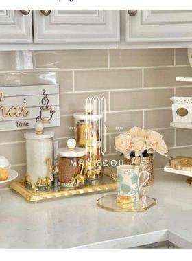 欧式轻奢大理石餐桌厅花瓶茶叶罐金色摆件装饰工艺品置物收纳托盘