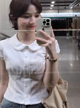 韩系甜美收腰短袖衬衫女设计感小众别致衬衣显瘦夏季短款上衣新款
