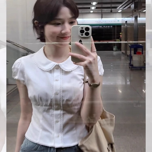 韩系甜美收腰短袖衬衫女设计感小众别致衬衣显瘦夏季短款上衣新款