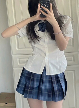 jk制服收腰衬衫短袖学院风辣妹修身显瘦衬衣背后系带泡泡袖上衣女