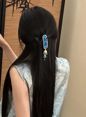 山沐手作「青岑映水」新中式蓝色花朵流苏发夹女古风头饰半扎发饰