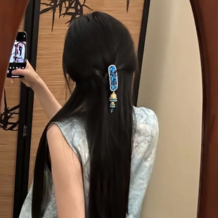 山沐手作「青岑映水」新中式蓝色花朵流苏发夹女古风头饰半扎发饰