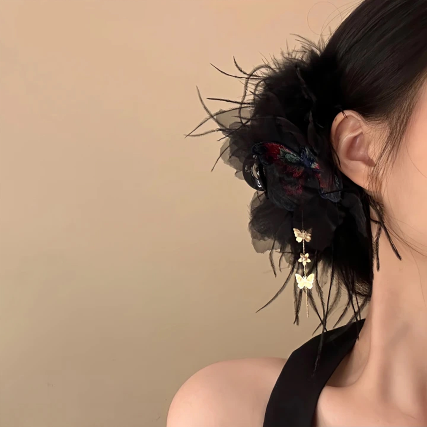 山沐手作「羽墨织梦」高级感黑色羽毛蝴蝶抓夹头饰鲨鱼夹发抓发饰