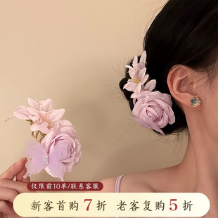 山沐手作「雨蝶栖芳」超仙粉色蝴蝶花朵发簪新中式头饰头花发饰女