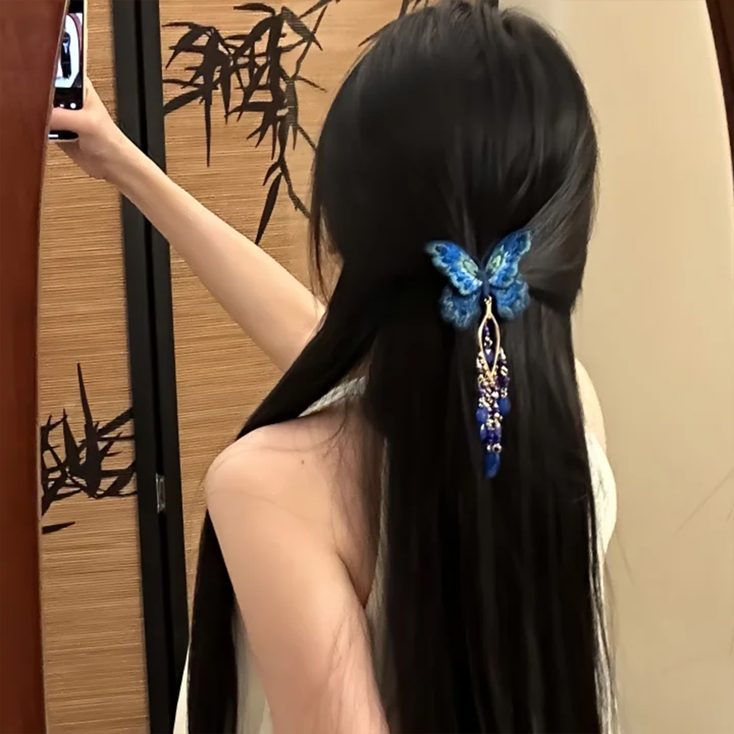 山沐手作「蓝末蝶汐」绝美蓝色刺绣蝴蝶流苏发夹头饰古风旗袍发饰