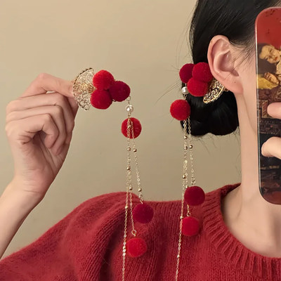 山沐手作「丹红贺岁」新中式红色毛球流苏发夹女国风新年喜庆头饰