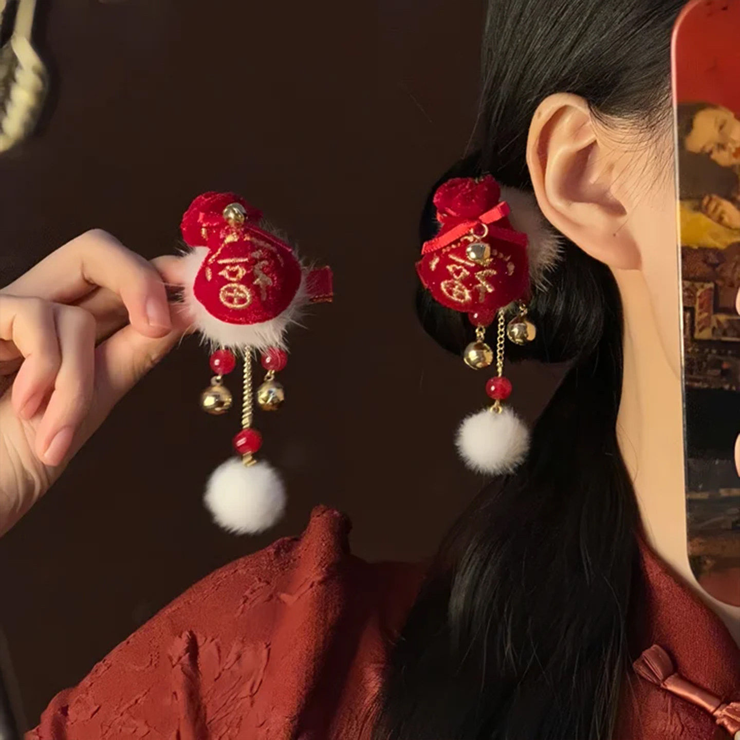 山沐手作「福气满满」新年红色毛绒福袋流苏发夹女头饰品喜庆发饰