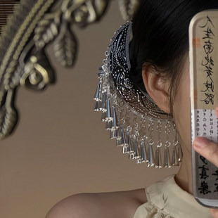 银铃坠梦~民族风头饰月牙流苏u型发簪女盘发苗族银色发钗簪子发饰