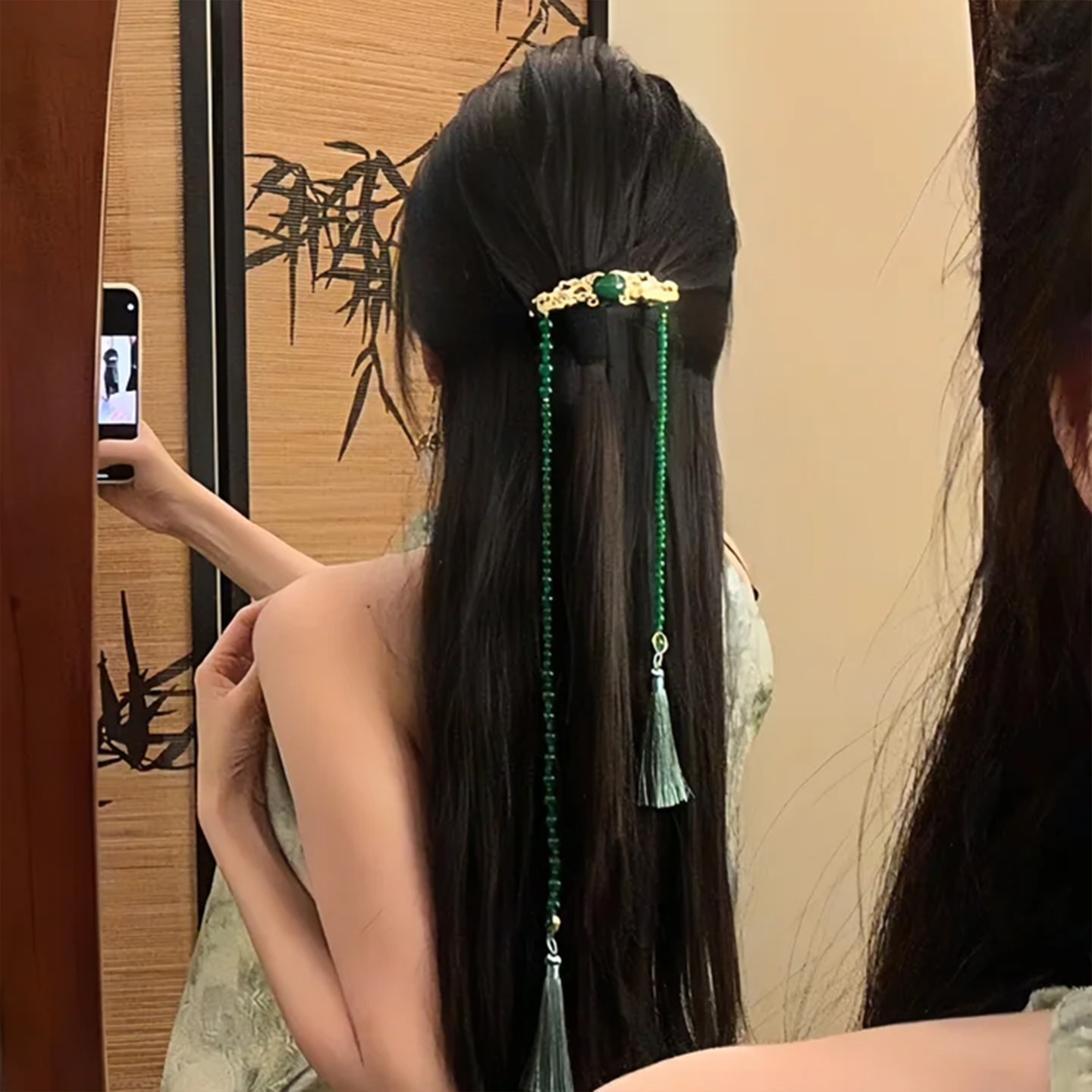 山沐手作「翠语流芳」新中式古风绿色串珠发夹后脑勺流苏发卡头饰