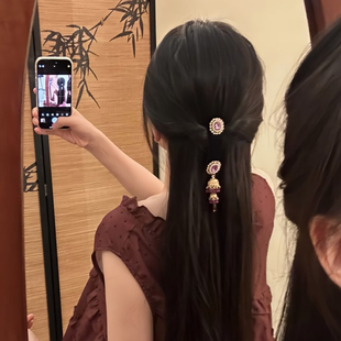 山沐手作「紫露沁堇」民族风紫色铃铛流苏发夹复古高级感侧边夹女