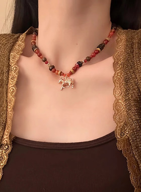 山沐手作「小马奇遇」复古彩色串珠项链女可爱小斑马吊坠颈链配饰