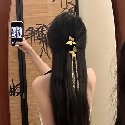 山沐手作「蝶落青芜」复古黑金蝴蝶流苏发夹女绝美古风侧边夹发饰