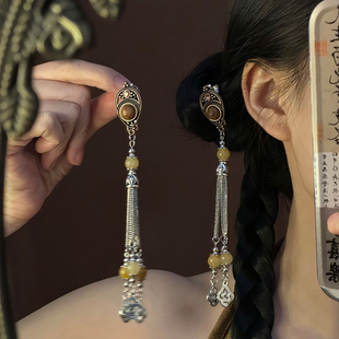 山沐手作「珀光沉溺」复古银色流苏发夹女早秋新中式头饰边夹发饰