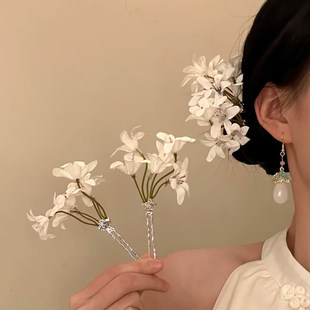 山沐手作「雪霁花名」清冷感白色花朵发簪女簪花发钗头花发饰