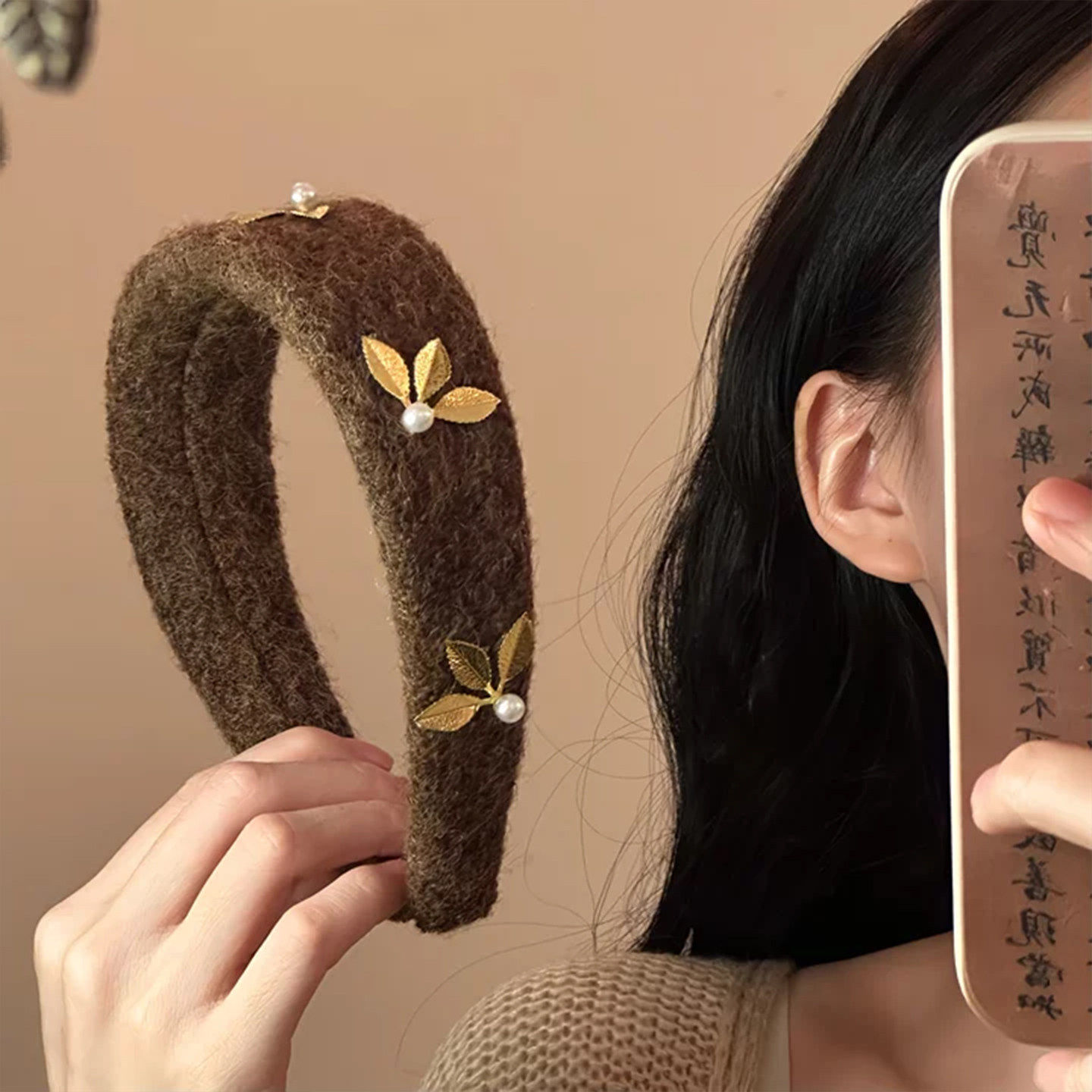 山沐手作「金叶藏暖」复古咖色毛呢发箍女高颅顶宽边秋冬头箍发饰
