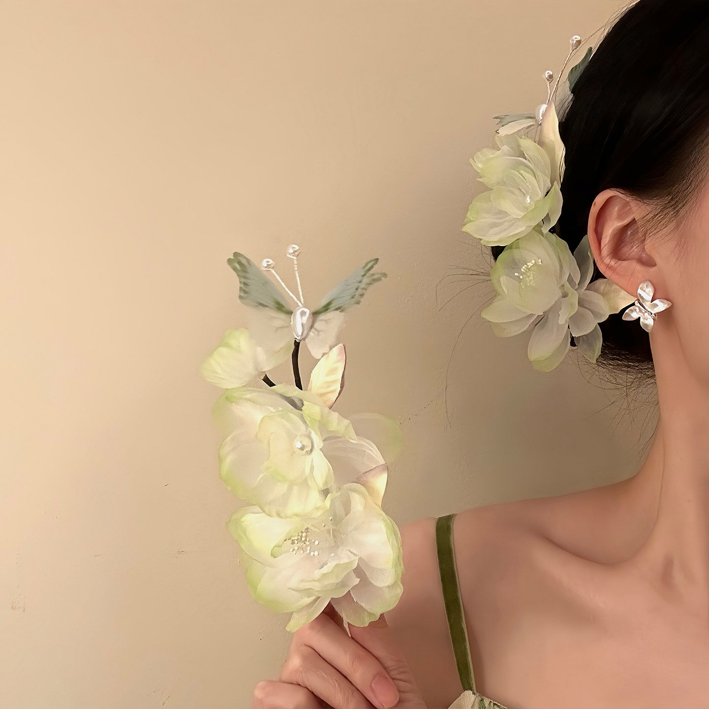 山沐手作「青荷予蝶」超仙古风蝴蝶花朵发夹边夹侧边头花发卡发饰