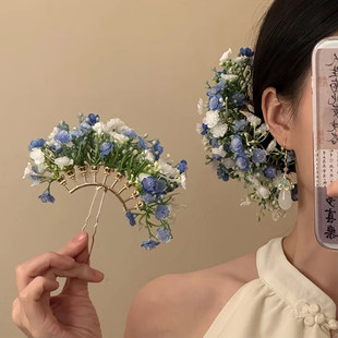 山沐手作「蓝染白茉」森系清新蓝色花朵发簪发钗簪花头饰拍照发饰