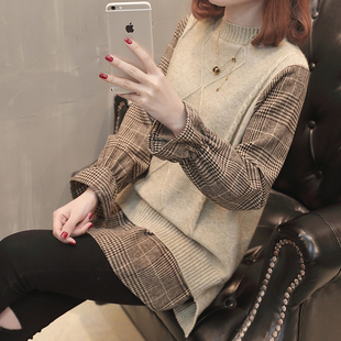 假两件毛衣女上衣2023春秋新款拼接韩版宽松格子喇叭袖套头针织衫