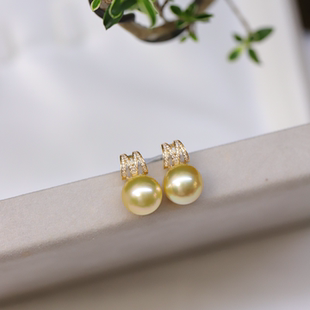 天然海水南洋金珠正圆强光中金18K金轻奢耳钉送女友