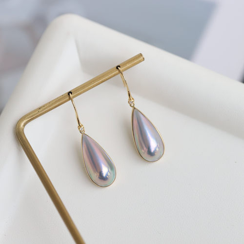 日本奄美岛海水马贝炫彩星空蓝水滴珍珠18K黄金经典气质耳钩