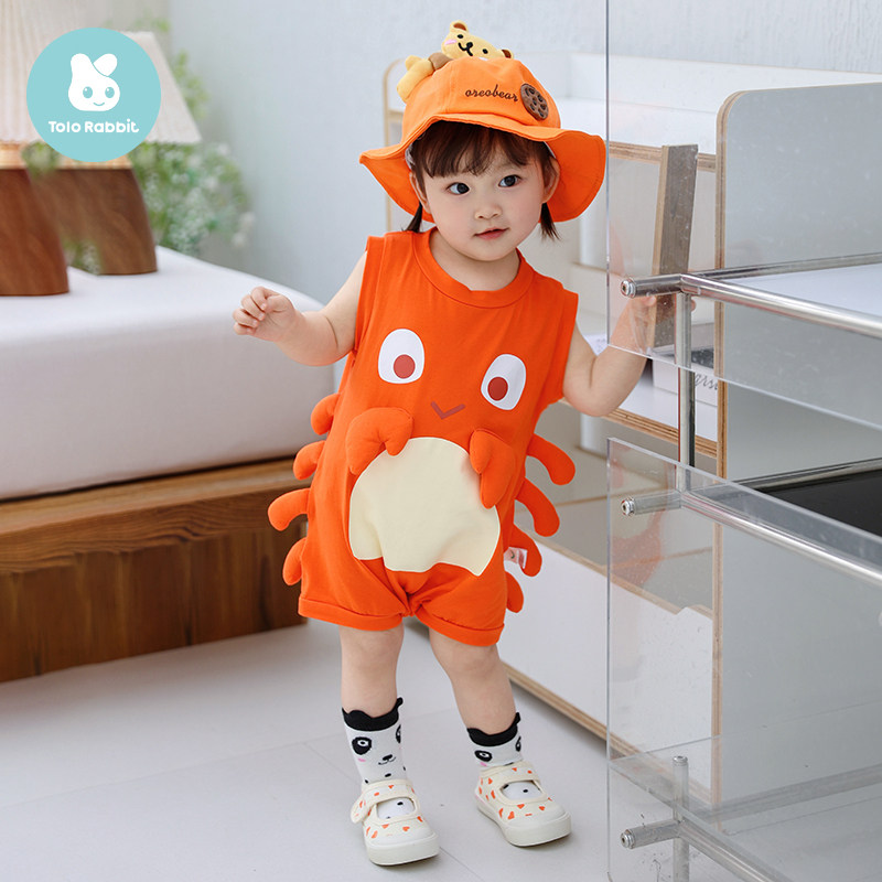 夏季新款婴儿衣服可爱男女宝宝螃蟹无袖哈衣薄款连体衣纯棉夏装萌