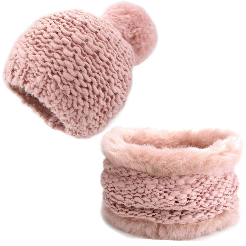 NOABAT儿童帽子围脖2件套冬女童毛线帽厚暖护耳大球球加绒针织帽