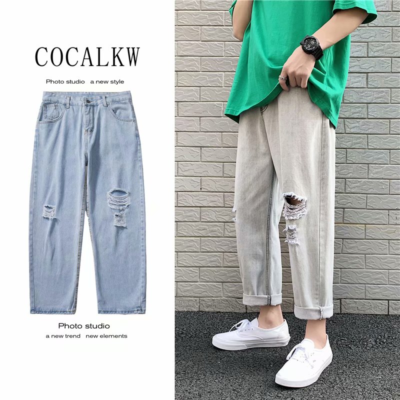 Couple's summer holed jeans men's loose Capris straight leg pants