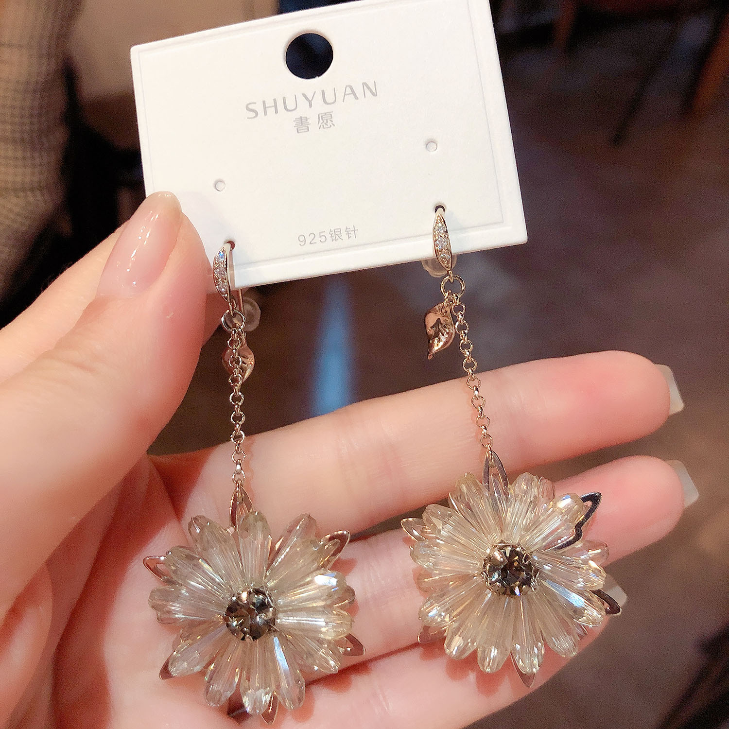 复古水钻水晶花朵耳钩耳环女