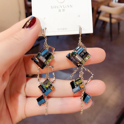 复古风水晶几何方块流苏耳环耳钩