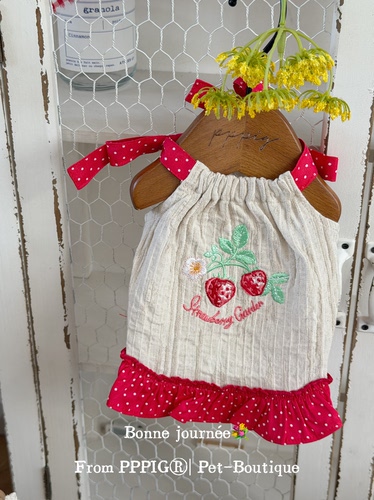 Pppig棉麻草莓吊带家居服裙子刺绣狗狗衣服舒适透气韩系马尔济斯