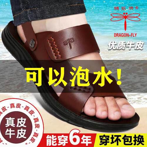 蜻蜓牌凉鞋男2026夏季新款真皮软底男士沙滩鞋牛皮两用防滑凉拖鞋