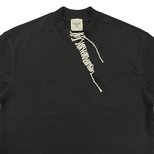 PAGE10裂痕剪破粗绳缝补亨利领感觉小高领重磅宽松纯棉短袖 T恤