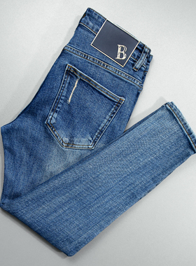 |潮流新宠|九分牛仔裤男士韩式假破洞补丁蓝色水洗弹力修身小脚裤