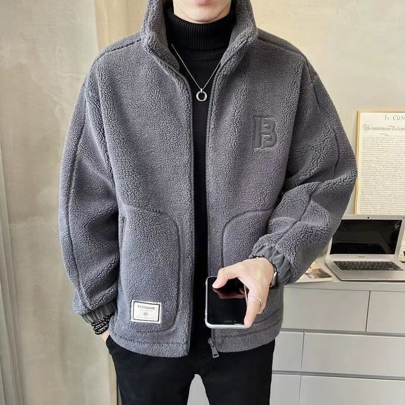2023新款韩版男装羊羔绒棉衣加绒加厚外套男秋冬季男生体闲