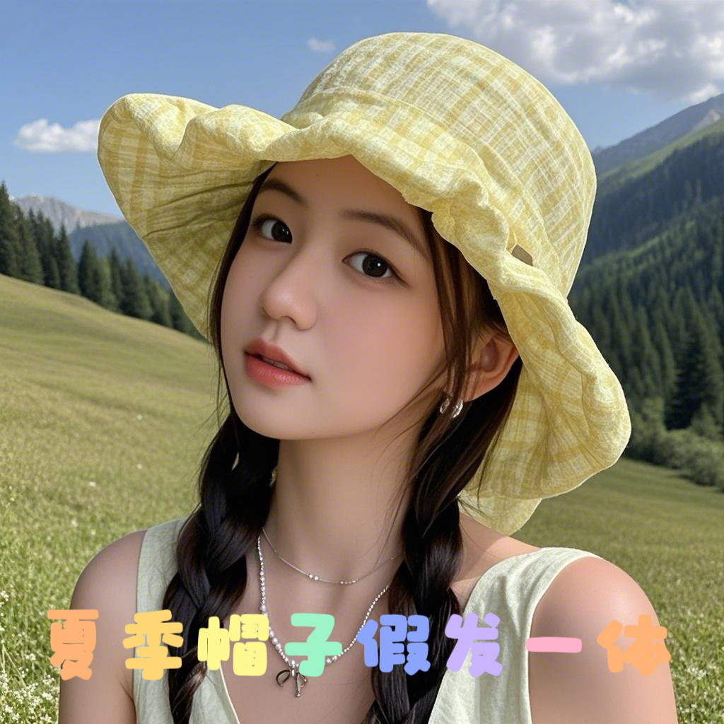 新款帽子假发一体日系复古格子褶皱渔夫帽子女春夏季可爱纽扣帽