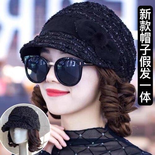 中老年帽子假发一体女短卷发假发逼真自然帽子带头发秋冬帽子发套