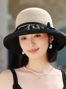 防紫外线帽子假发一体蝴蝶女夏季优雅时尚大檐遮脸防晒帽户外出游