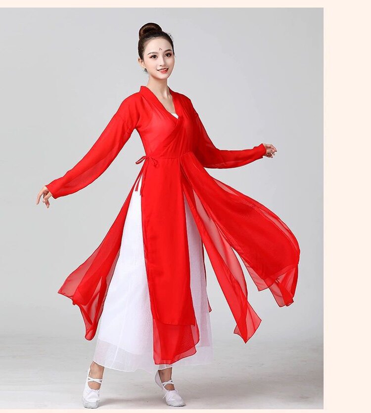 中国风红色古典舞蹈练功服长裙琵琶行舞蹈表演出服飘逸雪纺套装女