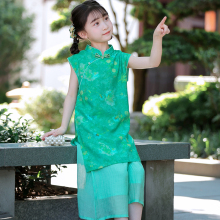 女童新中式套装国风裙子宽松2025新款夏季小女孩唐装汉服古风绿色