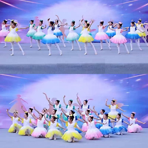 美的花季舞蹈演出服六一毕业儿童七彩色蓬蓬可爱裙子幼儿园合唱服