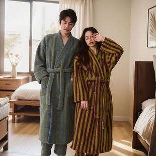暖绒秋冬季新款情侣睡衣半边绒加长厚睡袍珊瑚绒套装晨浴袍家居服