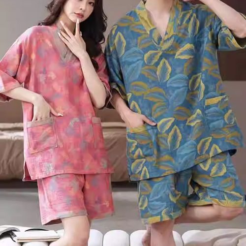 大码纯棉双层纱提花汗蒸服