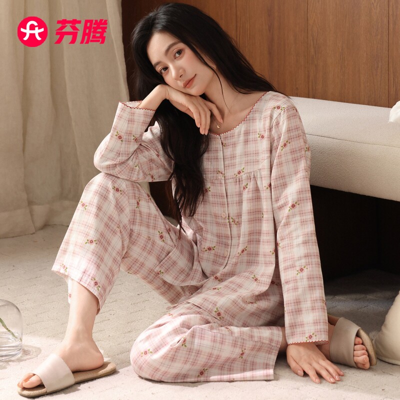 芬腾梭织棉纱布睡衣女春秋款纯棉长袖秋季薄款中年妈妈家居服套装