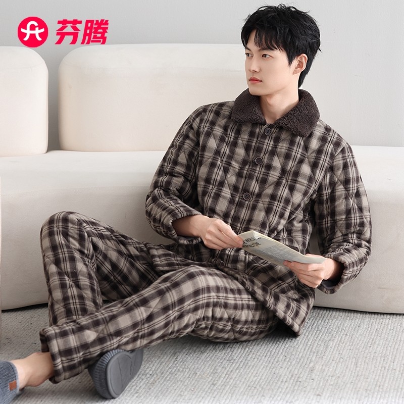芬腾睡衣男士冬季三层加厚加绒梭织纯棉夹棉秋冬珊瑚绒棉袄家居服