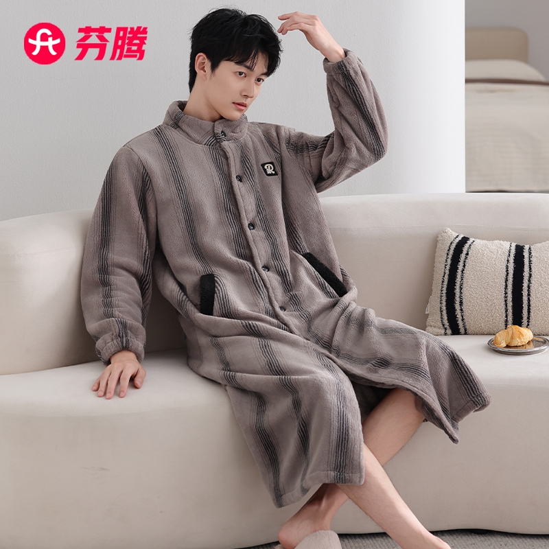 芬腾男士睡袍秋冬季珊瑚绒睡衣加厚加绒男款法兰绒保暖家居服浴袍