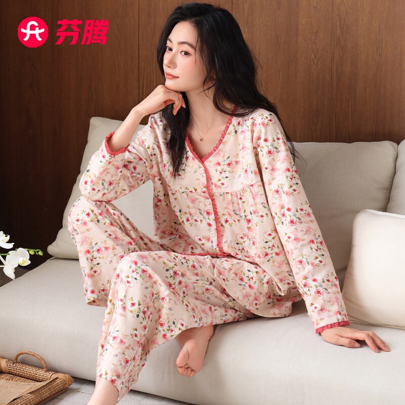 芬腾梭织棉纱布睡衣女春秋款纯棉长袖秋季薄款全棉中年妈妈家居服