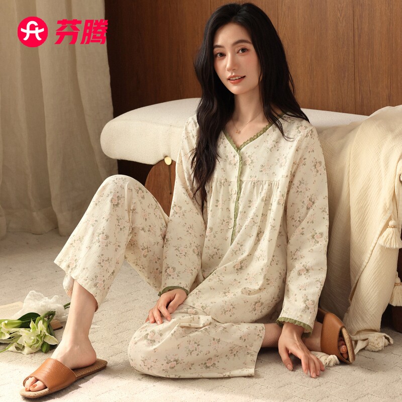 芬腾梭织棉纱布睡衣女春秋款纯棉长袖秋季薄款全棉中年妈妈家居服