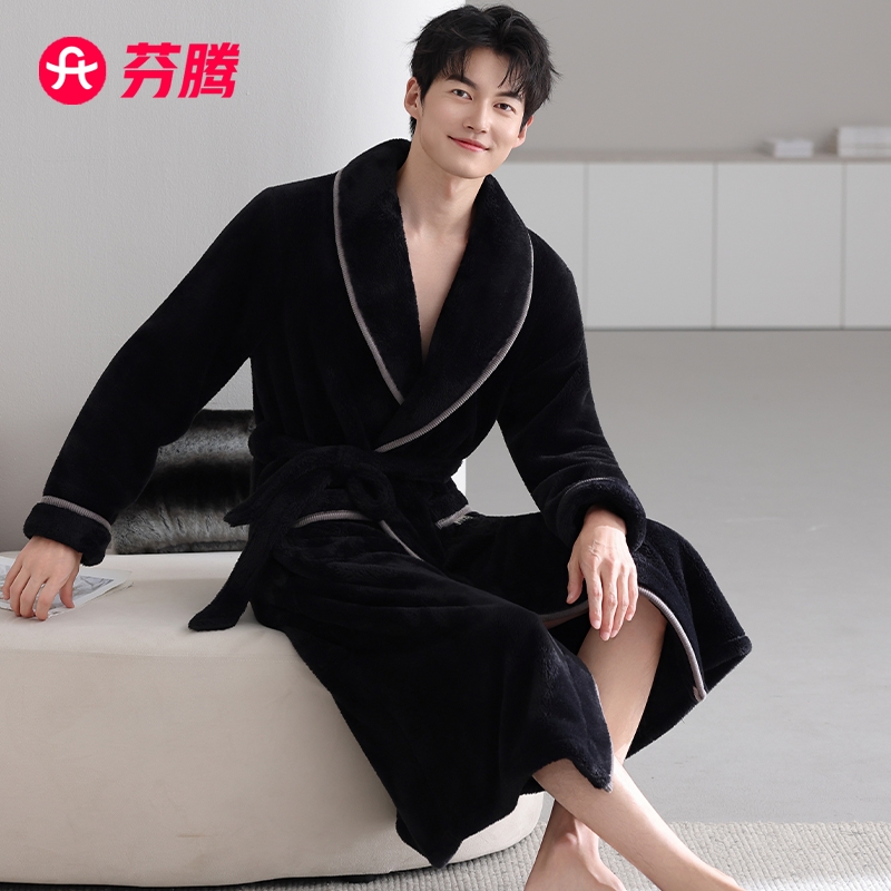 芬腾男士睡袍秋冬季珊瑚绒睡衣加厚加绒男款法兰绒保暖家居服浴袍
