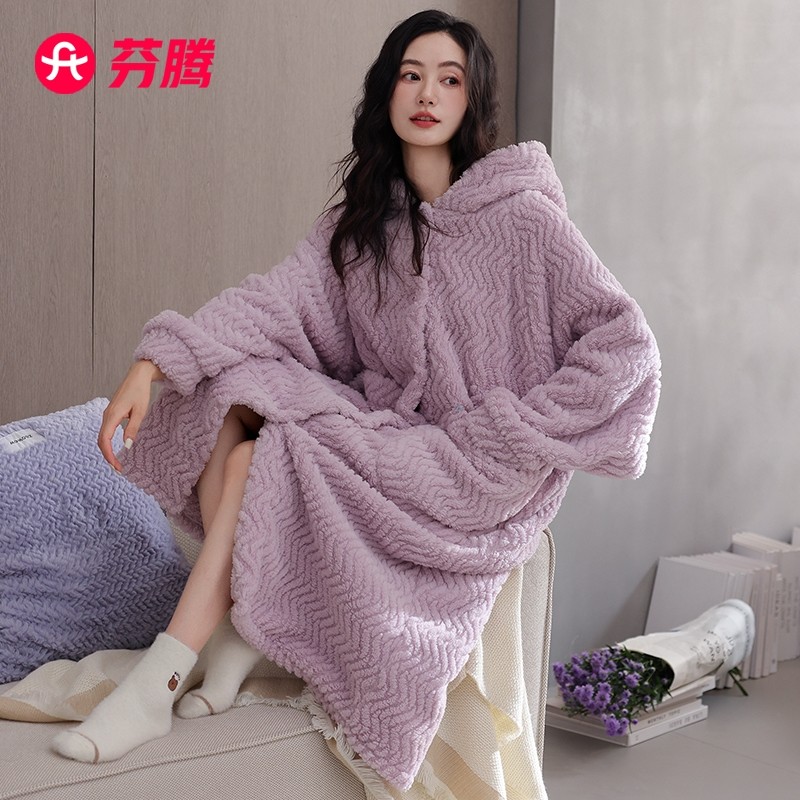 芬腾女士睡袍珊瑚绒秋冬加厚连帽睡衣女款法兰绒可外穿家居服浴袍