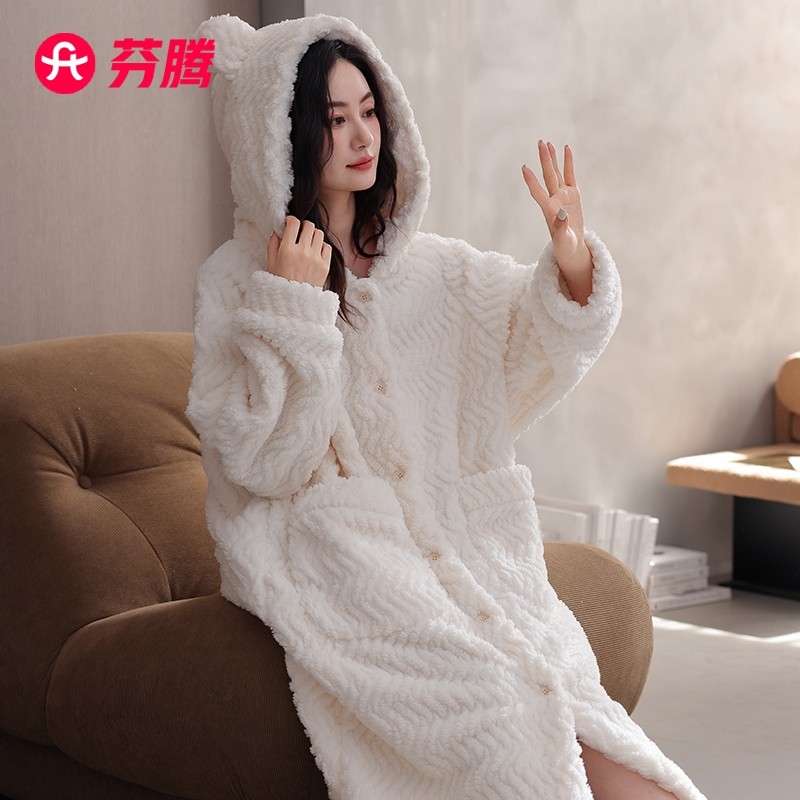 芬腾女士珊瑚绒加厚连帽睡袍